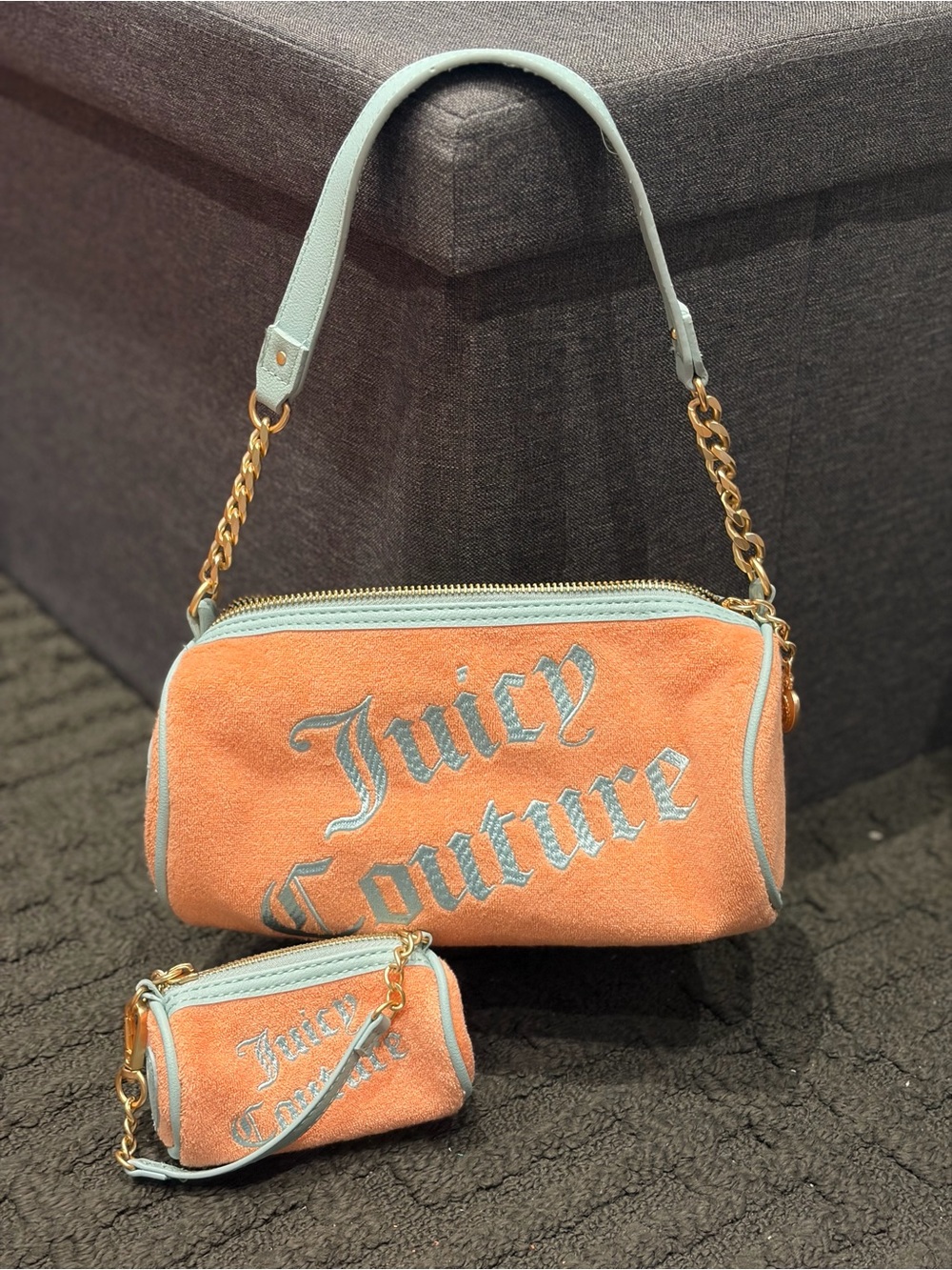 Juicy Couture Orange Suede Mini Shoulder Bag with Pale Blue Trim and Gold Chain